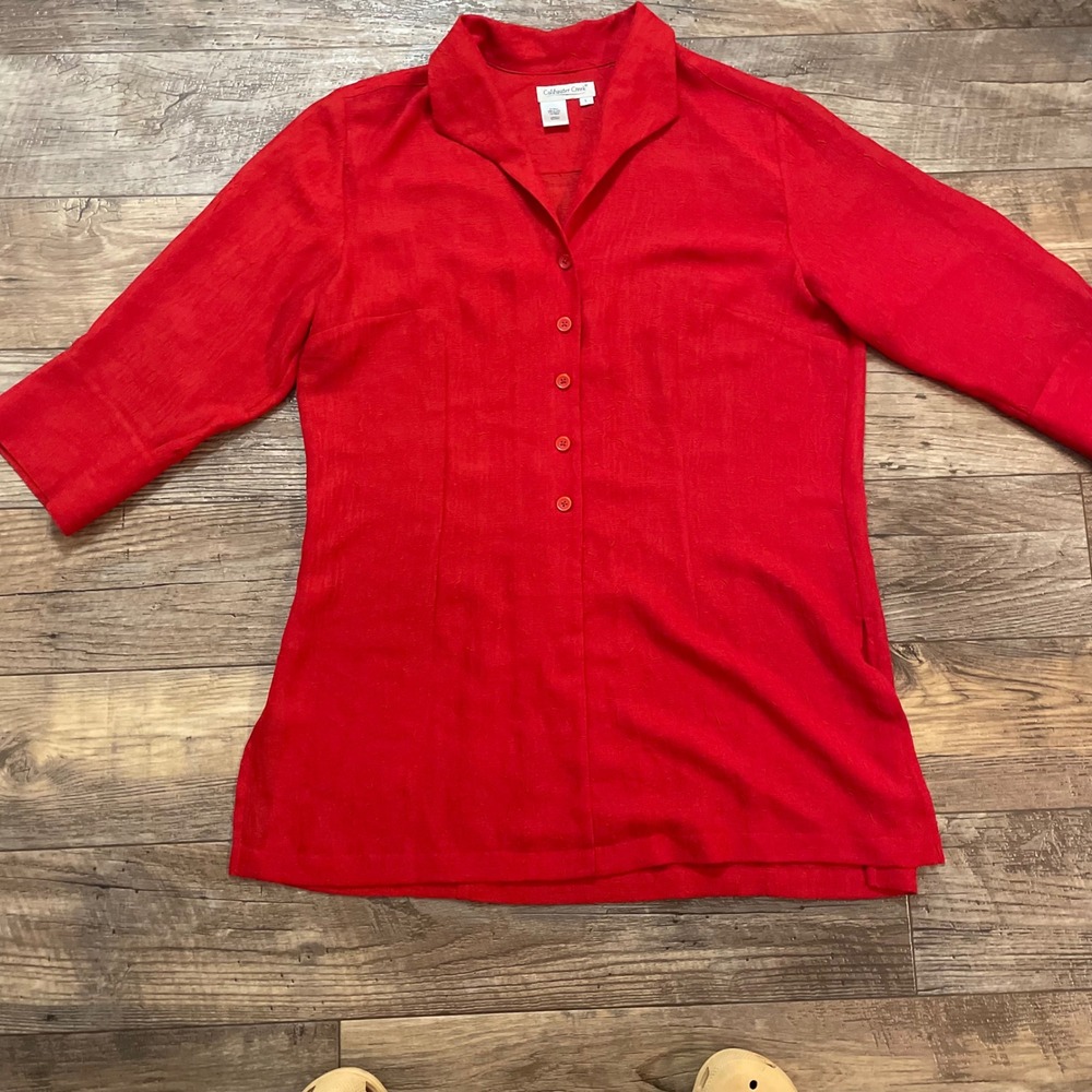 Coldwater Creek Red Textured Lightweight Button Up Tunic Blouse Top Womens Sz L